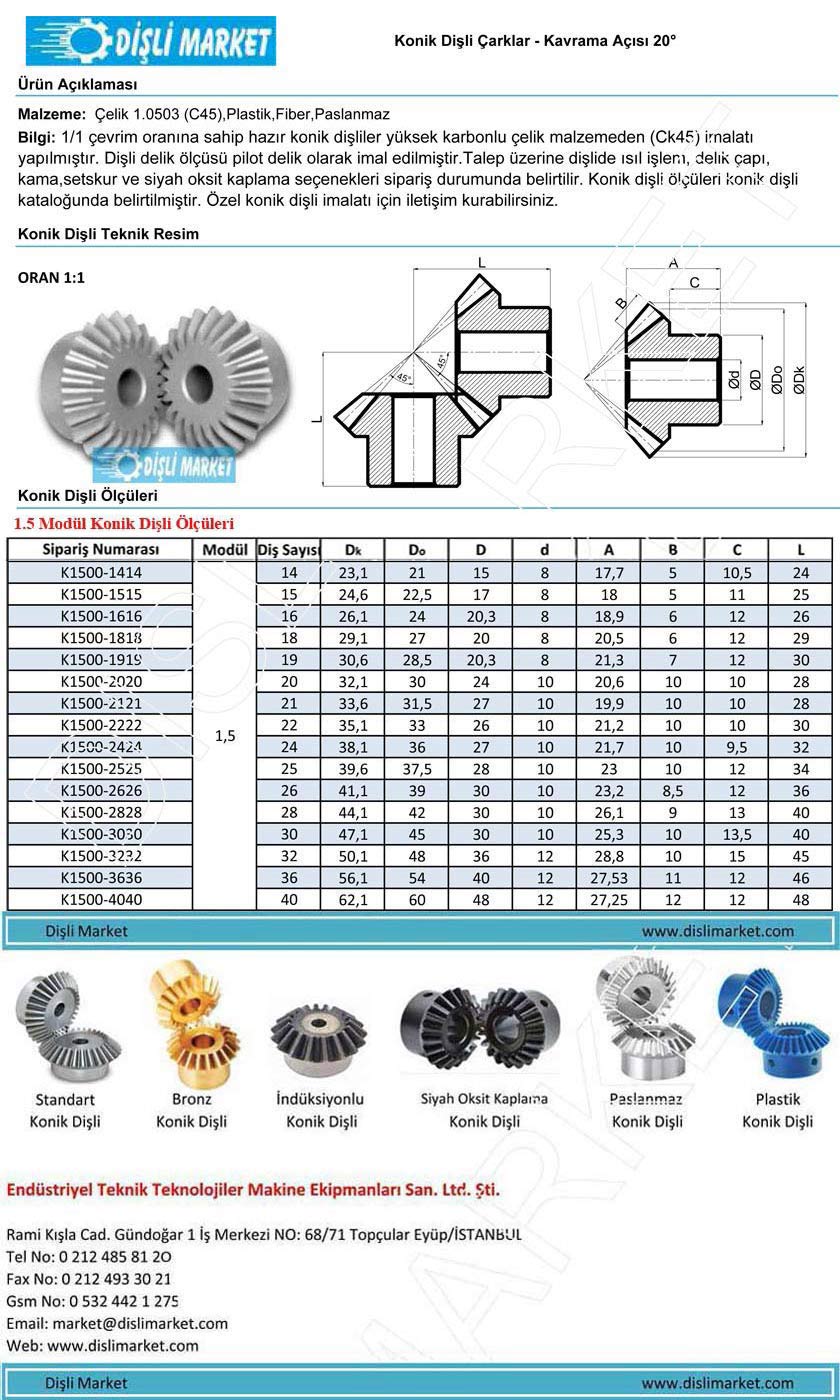 1.5 Modül konik dişli ölçüleri