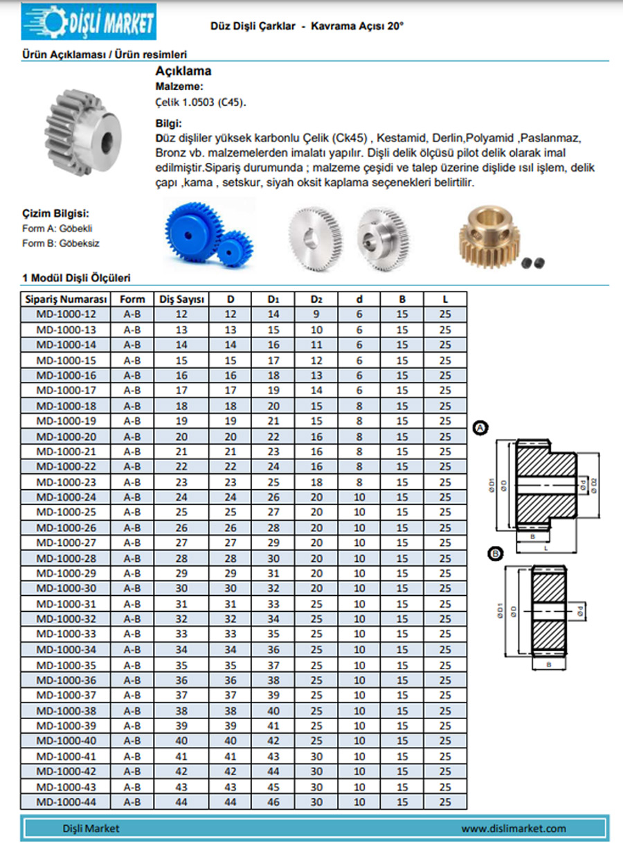1 Modül dişli ölçüleri